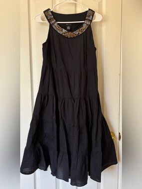Black Ruffled Midi Dress with Full Skirt and Statement Neckline Detail ~ Med